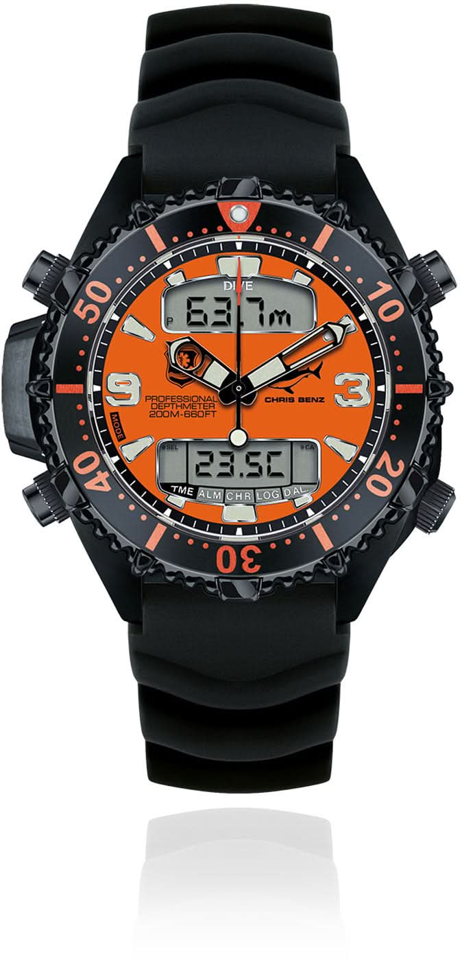 Reloj de buceo para hombre con caja negra, esfera naranja y correa de caucho