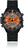 Reloj negro para hombre con profundímetro: esfera naranja, pantalla digital, correa de metal.