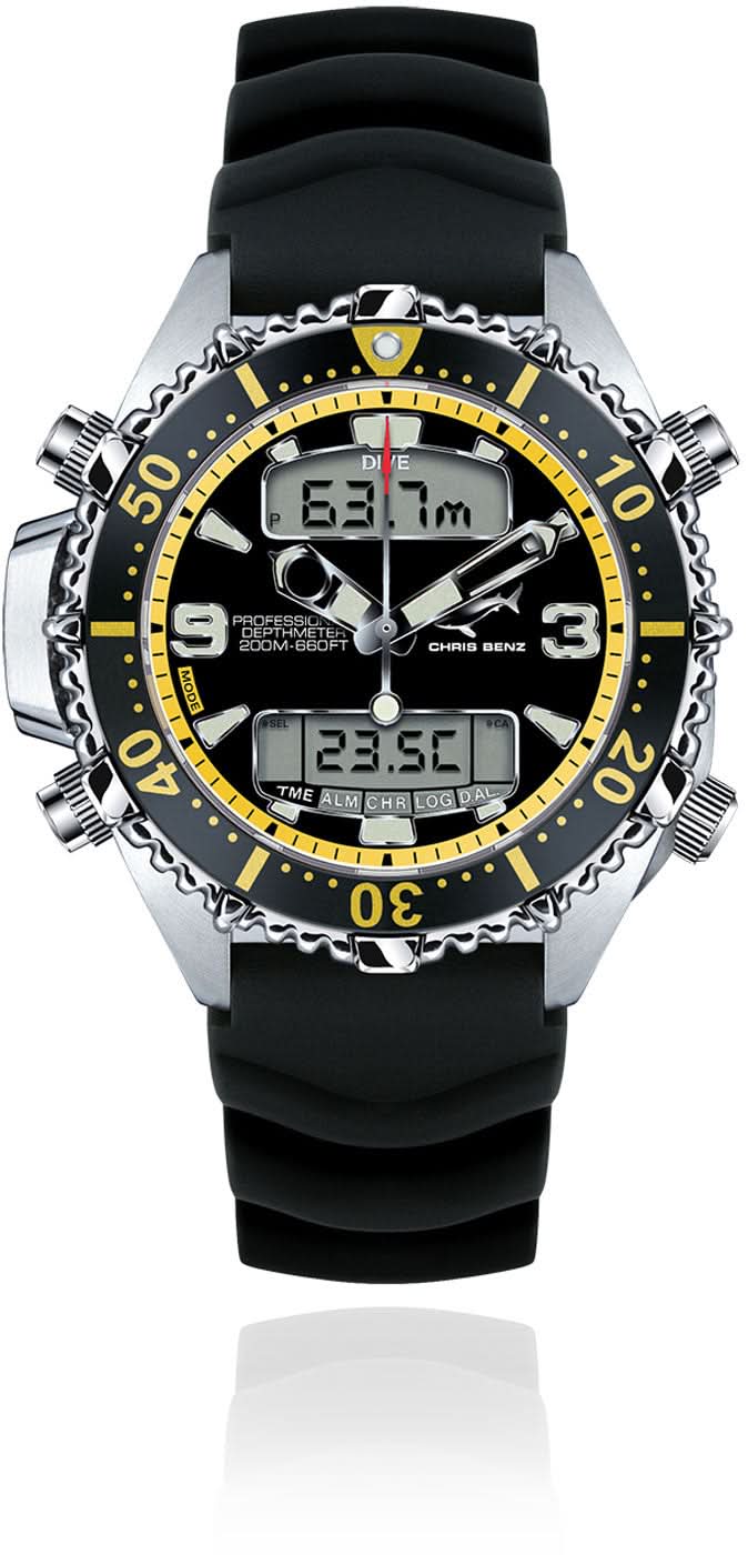 Reloj de buceo con correa negra, bisel con marcadores amarillos y pantalla digital