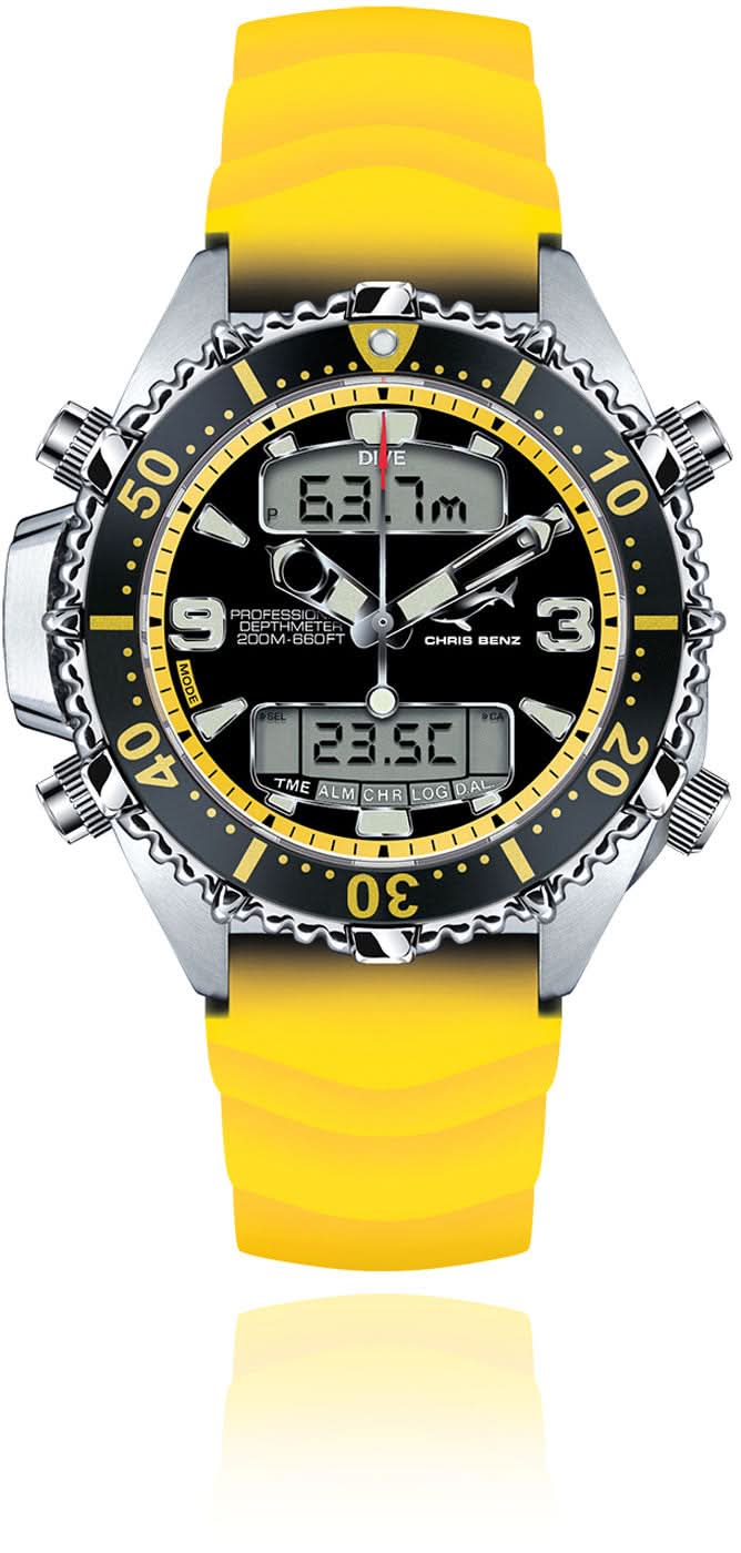 Reloj de buceo/deportivo con correa de silicona amarilla, esfera negra y bisel amarillo