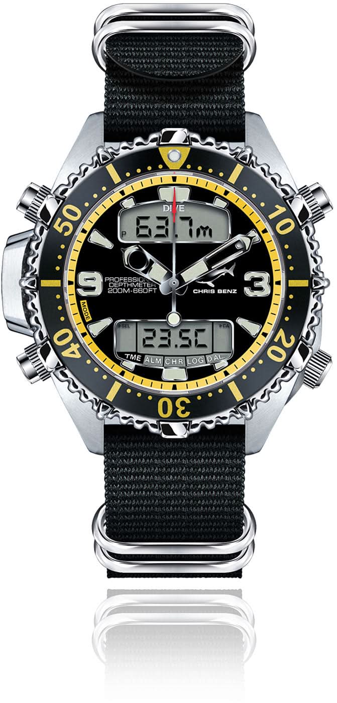 Reloj Chris Benz para hombre con correa textil negra, bisel amarillo y números de cristal
