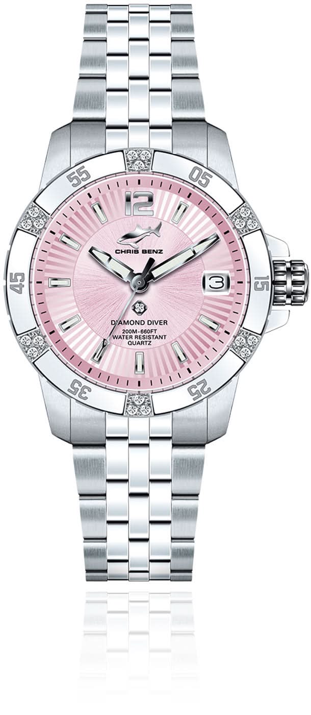 "Reloj de mujer con esfera rosa, índices de diamantes y brazalete de acero inoxidable"