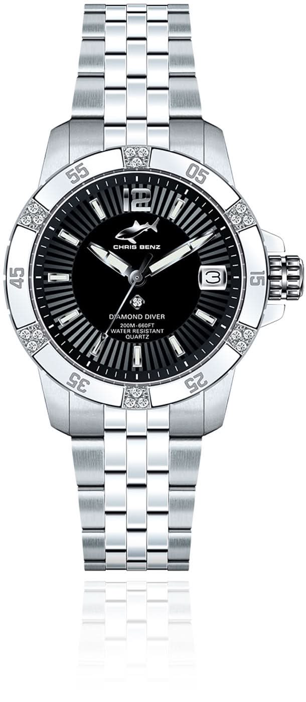 "Reloj de mujer con correa de metal plateado, esfera negra y bisel de pedrería"