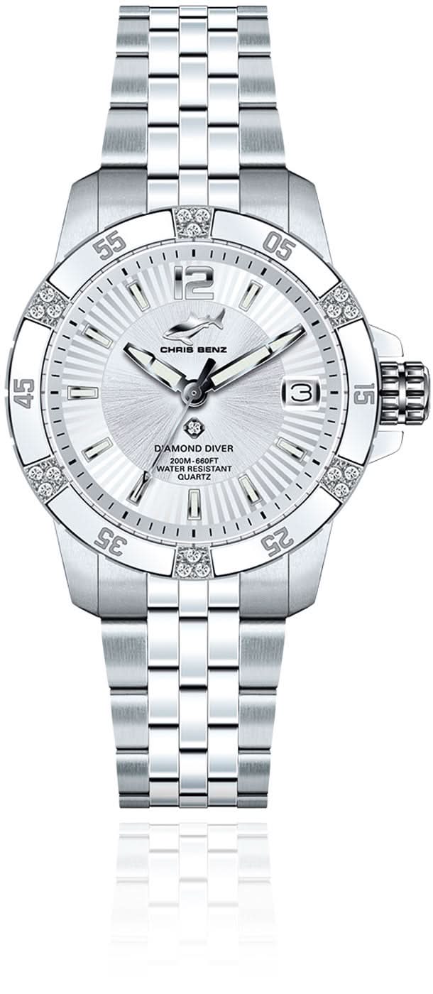 "Reloj de mujer con correa de metal, esfera blanca y bisel de diamantes"