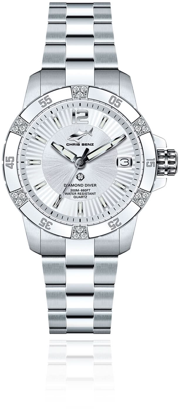 "Reloj de mujer con pulsera de metal plateado, esfera redonda y marcadores de diamantes"