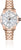 Reloj de mujer con pulsera de metal en tono oro rosa y esfera blanca, borde con incrustaciones de diamantes