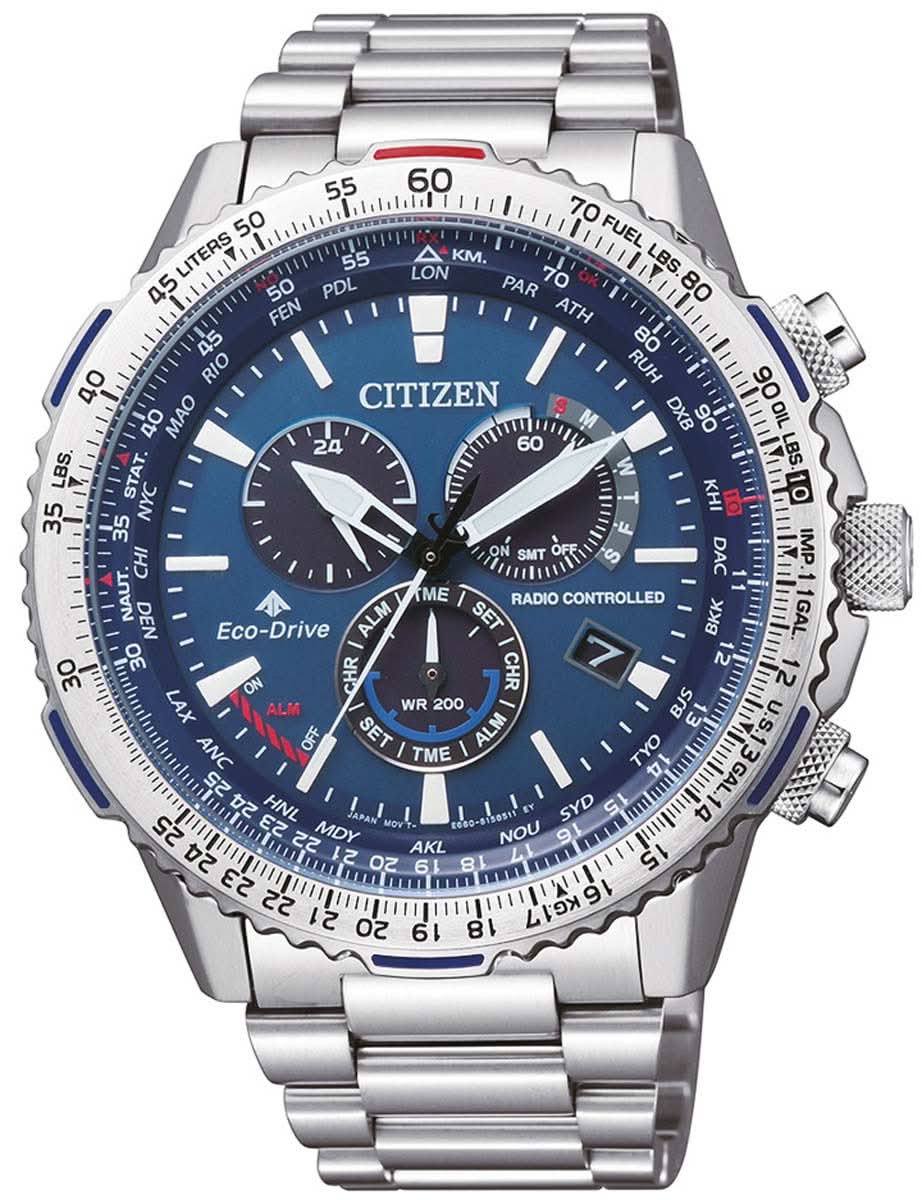 Citizen Promaster Sky - Reloj solar de radio control para hombre, esfera azul, correa de acero inoxidable