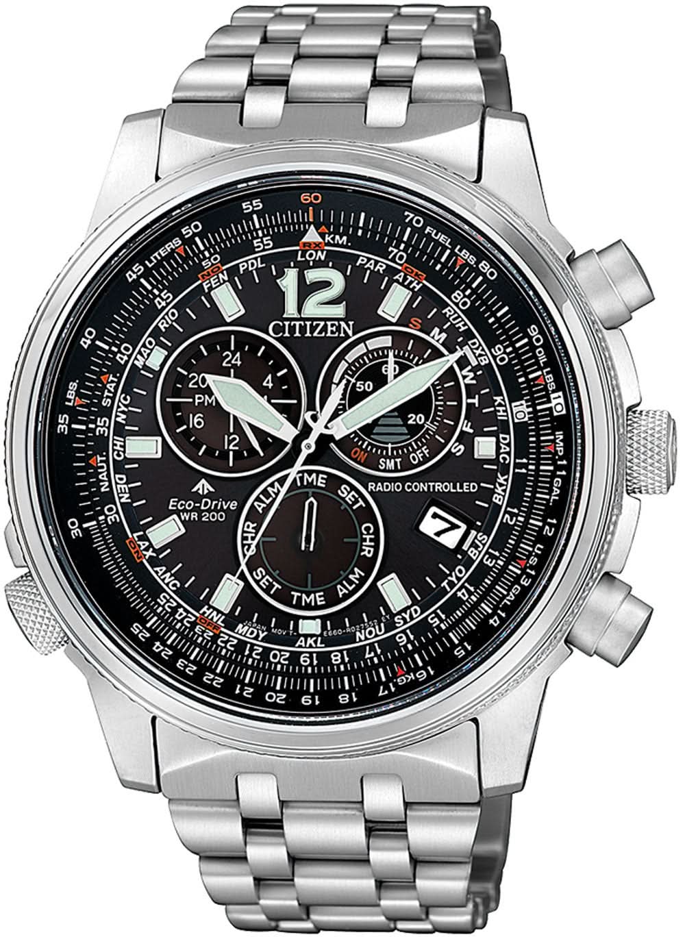 Reloj de hombre de acero inoxidable con esfera negra y correa de metal.