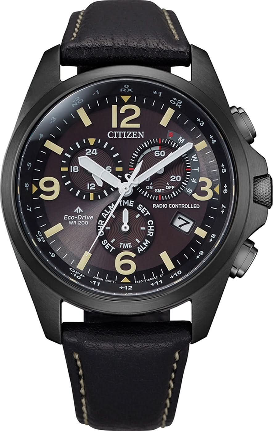 Citizen Promaster Reloj Radio Controlado con Correa de Cuero, Caja Negra, Esfera Gris Oscuro