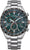 Pulsera de hombre con correa de metal plateado y esfera verde, diseño cronógrafo.