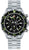 Reloj de buceo con correa de metal plateado, esfera negra y detalles en verde