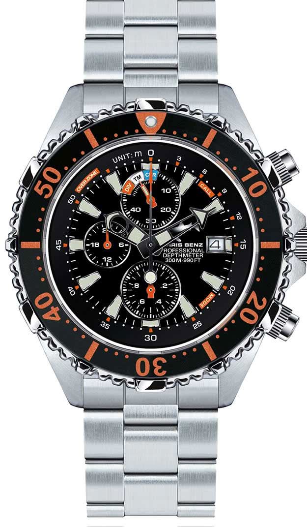 Reloj Chris Benz Depthmeter con brazalete de acero inoxidable plateado, esfera negra y bisel naranja