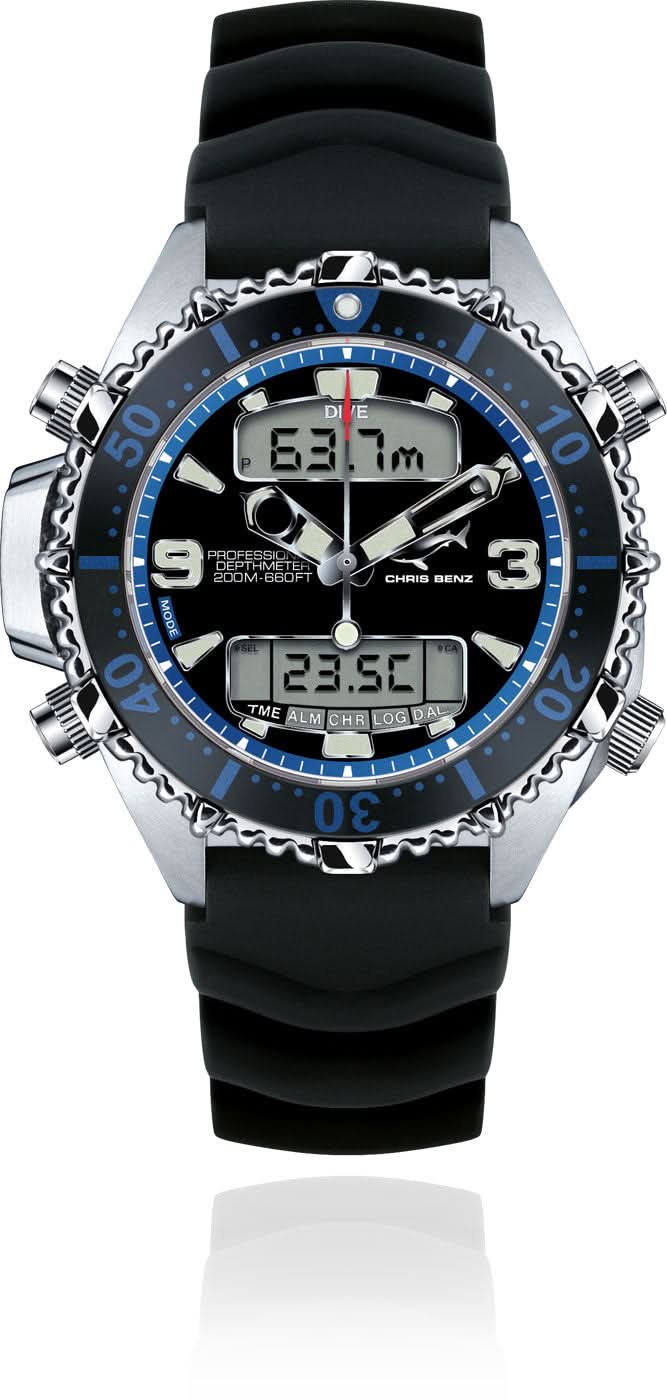 Chris Benz Depthmeter reloj digital con correa negra y esfera azul