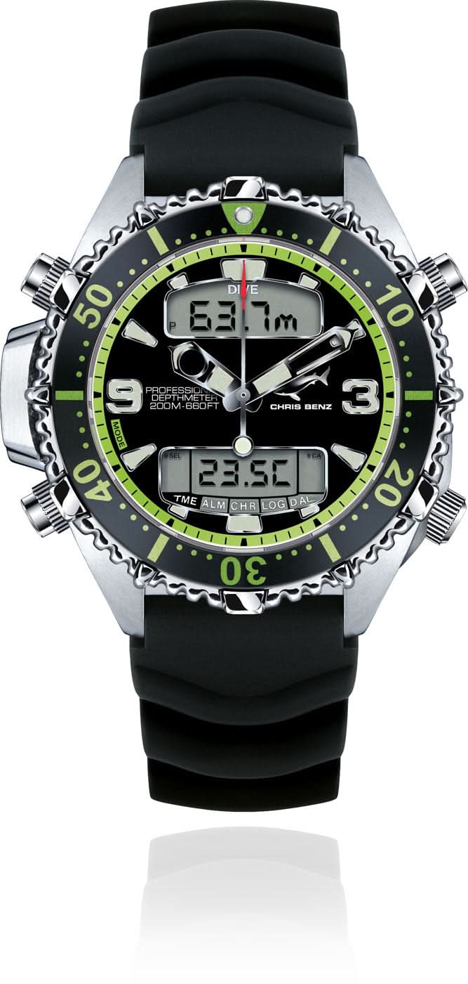 Reloj para hombre con correa de silicona negra y pantalla de bisel verde