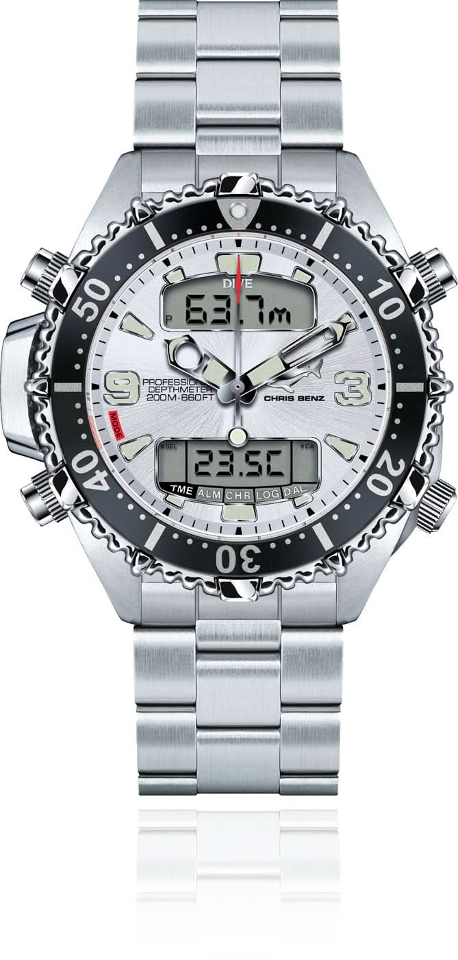 Reloj para hombre con correa de acero inoxidable, bisel negro y pantalla digital de profundidad