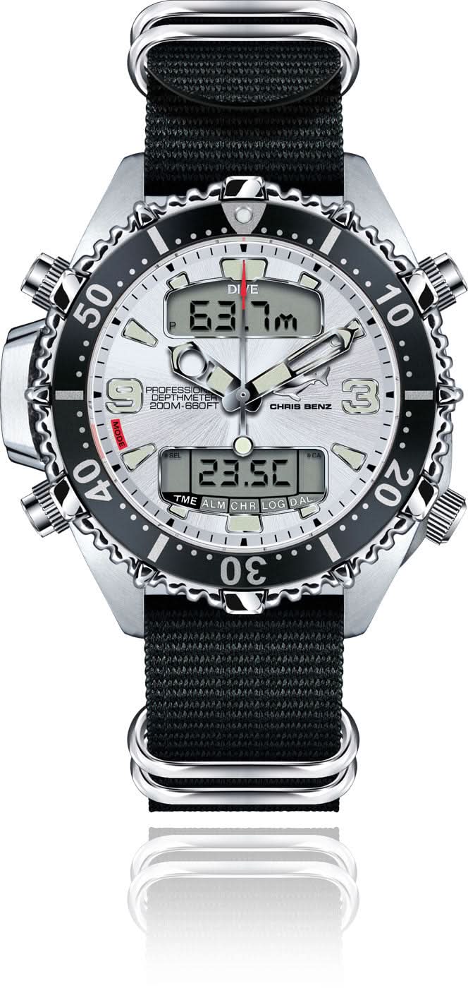 Reloj para hombre con correa textil negra, manecillas analógicas y pantalla digital de profundidad