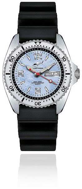 Reloj de buceo con esfera azul, visualización de fecha y correa negra