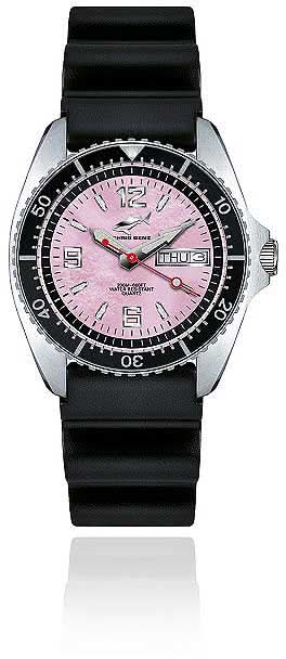 "Reloj de mujer con esfera rosa, caja negra y correa de silicona negra"