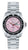 "Reloj de mujer con brazalete de metal plateado, bisel negro y esfera rosa"
