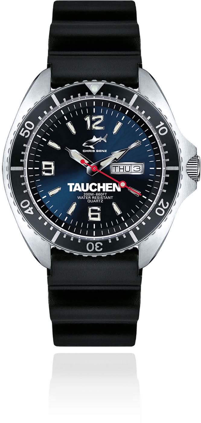 Reloj de buceo Chris Benz con correa negra, esfera azul e indicador de fecha