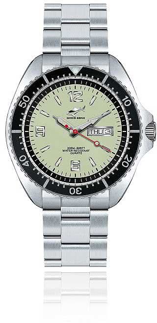 Reloj Chris Benz para hombre: pulsera de metal plateado, esfera verde, índices luminosos