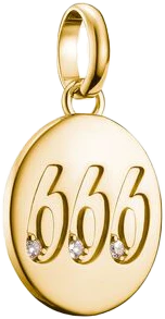 Colgante Charm bañado en oro con motivo redondo 666 y pequeñas piedras
