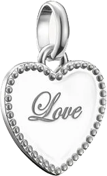Colgante de charm de corazón plateado con inscripción "Love" y borde de perlas