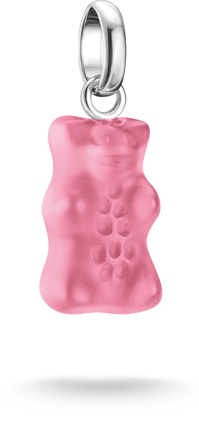 Colgante charm plateado con oso de cristal rosa en anilla
