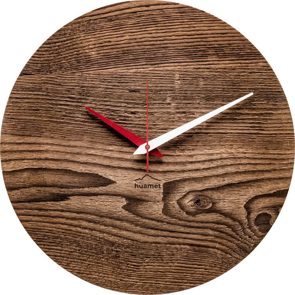 Reloj de pared de madera, diseño redondo de madera con manecillas en rojo y blanco, logo huamet