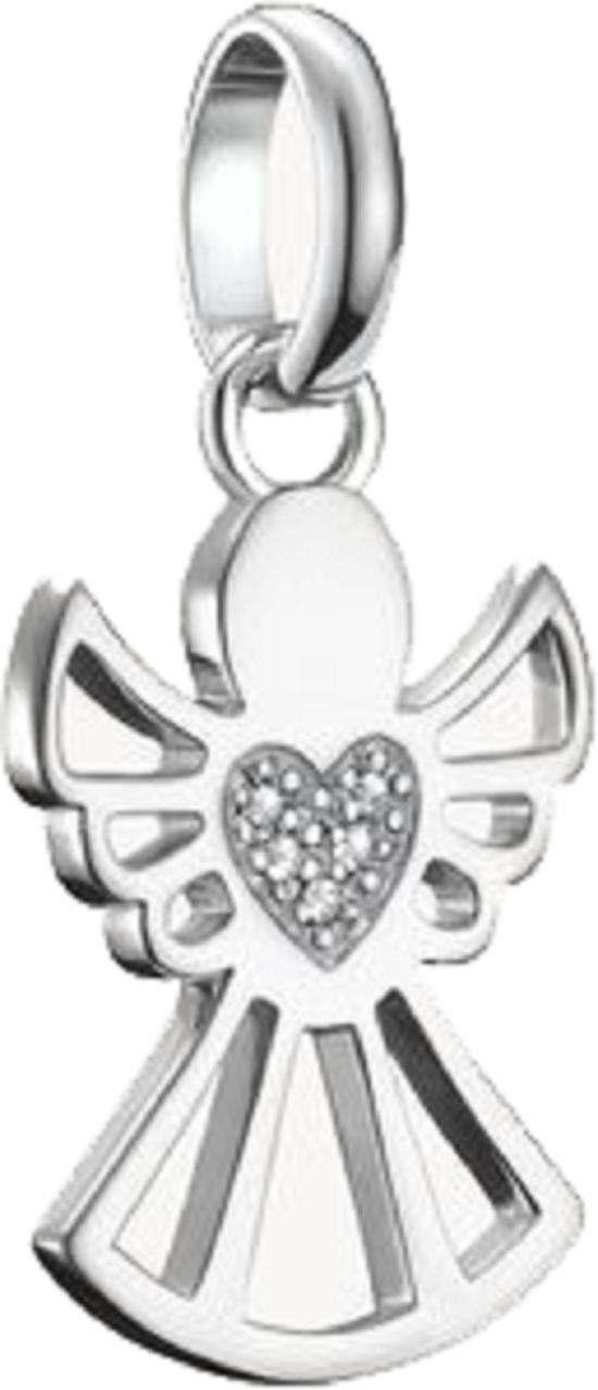 Colgante Charm de ángel de plata con corazón, adornado con pequeñas piedras.