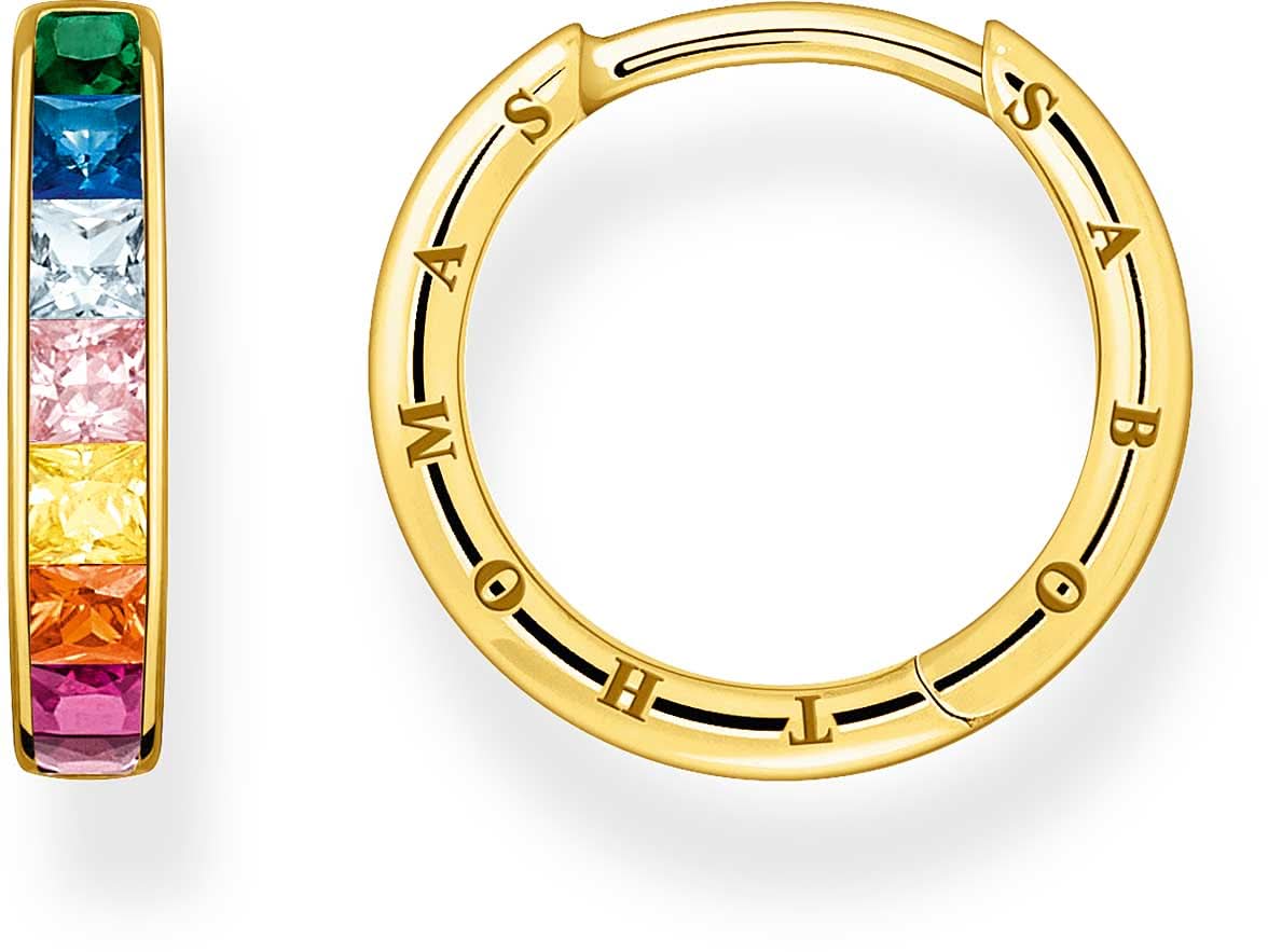 Creole de baño de oro amarillo con piedras multicolor, aro hueco estrecho
