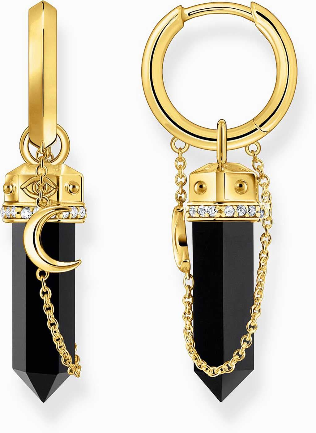 Pendientes de aro dorados con colgante de lágrima de ónix negro, con cadena