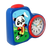 Blauer Wecker mit Panda-Motiv, rotem Ring und analogem Ziffernblatt