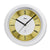 Weiße Wanduhr mit goldenem Ziffernblatt, römischen Ziffern und schwarzen Zeigern