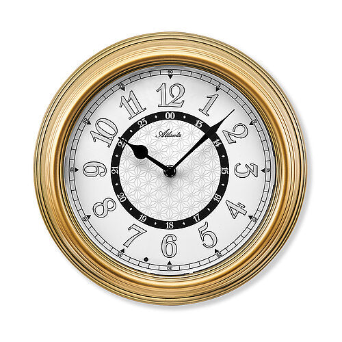 Wanduhr mit goldfarbenem Rahmen, weißem Zifferblatt und schwarzen Zeigern.