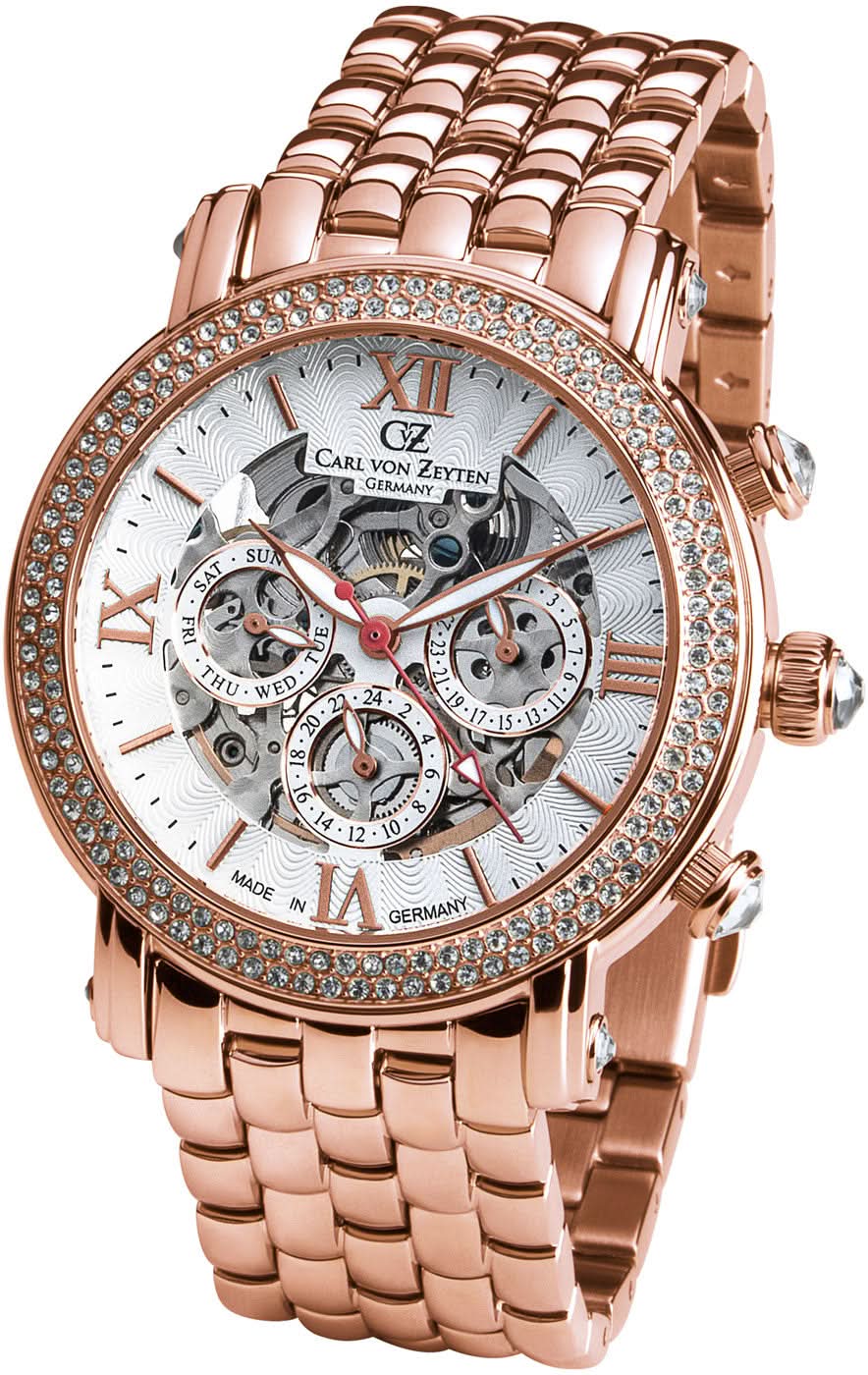 Reloj Carl von Zeyten para mujer con brazalete de metal en tono oro rosa, bisel con pedrería y movimiento de volante abierto