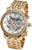 Reloj de mujer en tono dorado con correa de metal, bisel brillante y esfera blanca con movimiento esqueleto