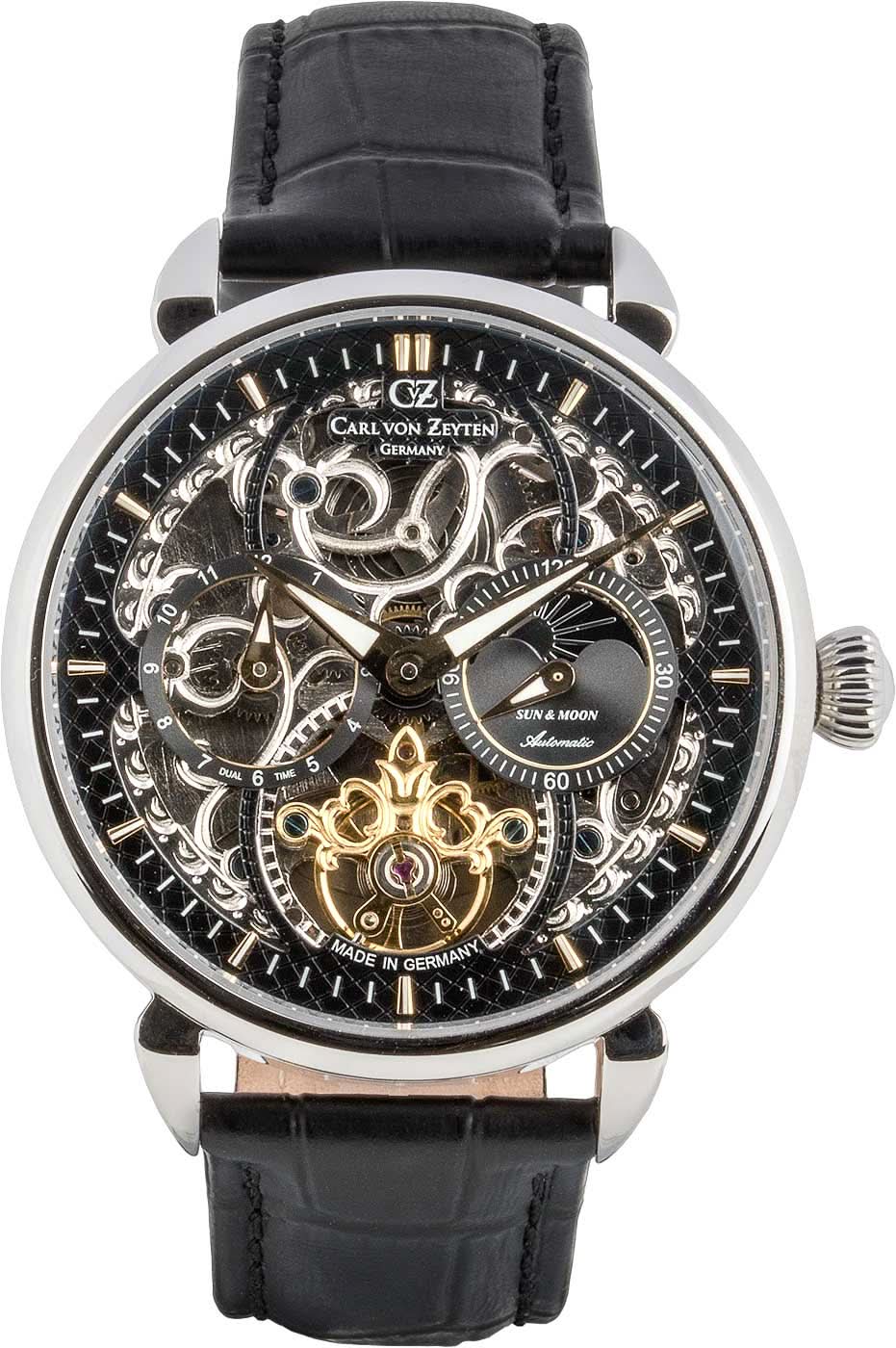 Reloj de hombre: esfera esqueletizada, correa de cuero negra y caja redonda