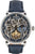 Reloj esqueleto para hombre con correa de cuero azul oscuro, caja redonda y esfera azul