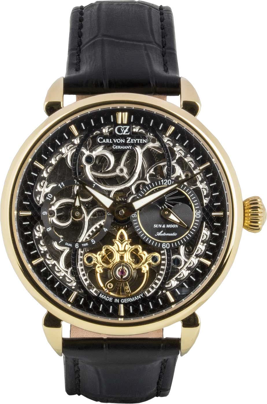 Reloj Carl von Zeyten para hombre, esfera esqueleto, correa de cuero negra, bisel dorado