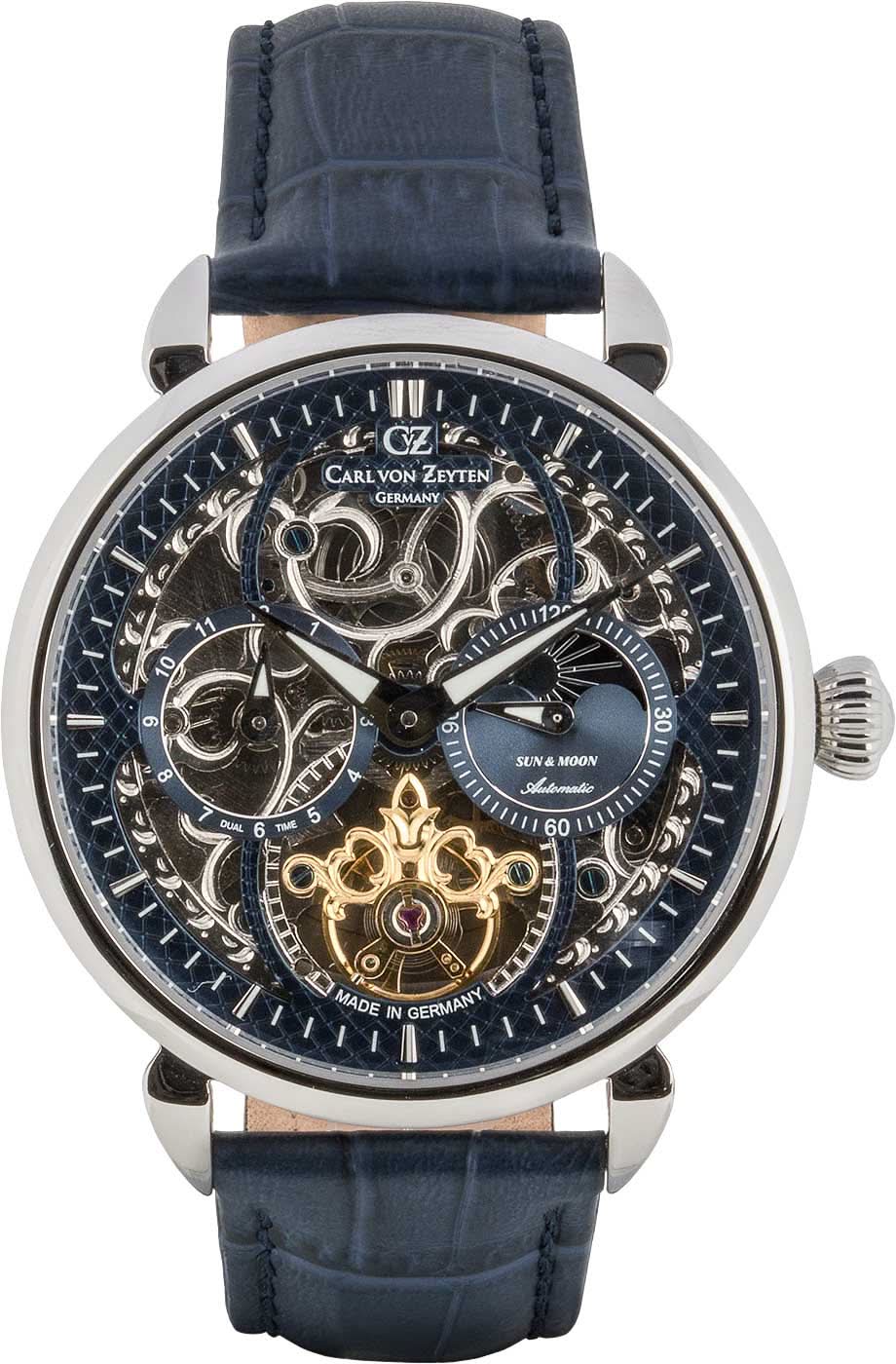 Reloj esqueleto para hombre con correa de cuero azul y movimiento a la vista en caja redonda