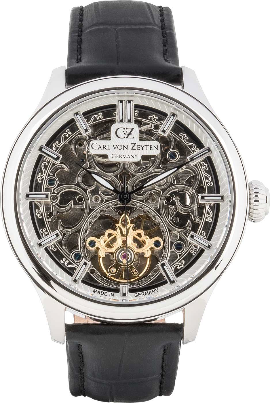 Pulsera de hombre con esfera esqueletizada y correa de cuero negra, caja plateada