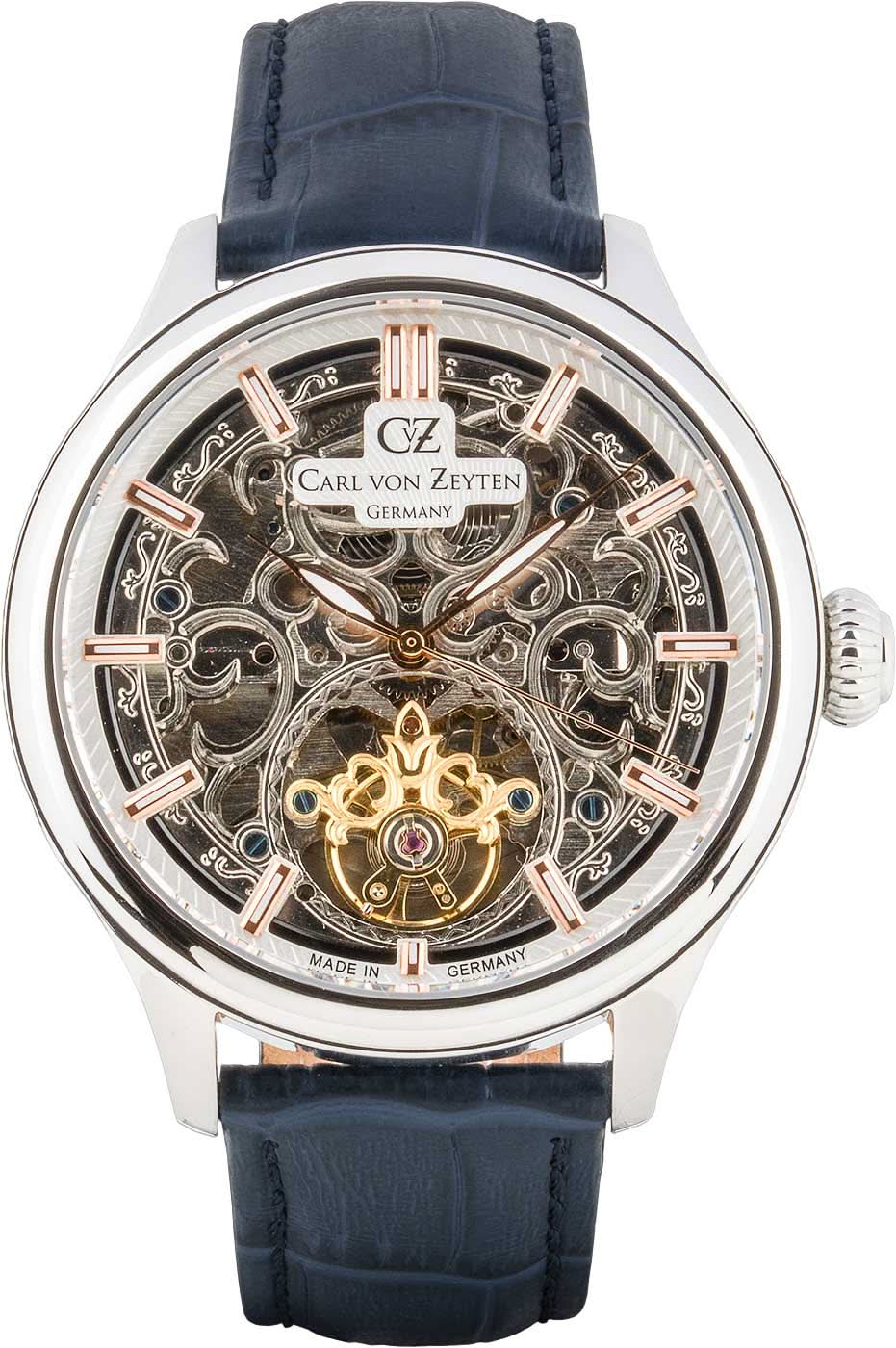 Reloj de hombre con esfera esqueletizada y correa de cuero azul