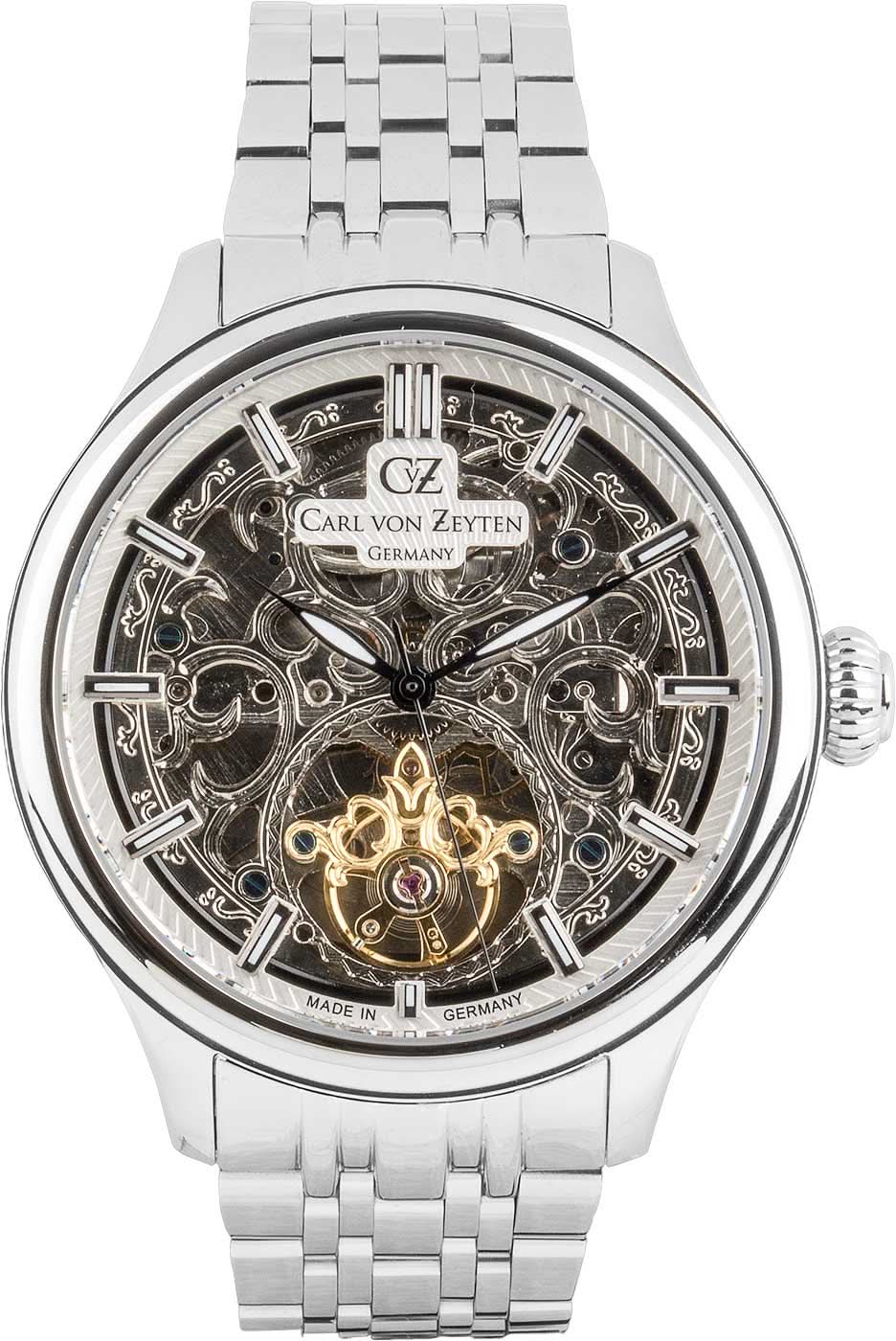 Reloj de esqueleto para hombre con correa de metal, esfera plateada y mecanismo dorado