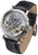 Reloj de hombre: correa de cuero negra, esfera esqueletizada plateada con números romanos