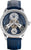 Reloj con correa de cuero azul y caja plateada, esfera azul con números romanos.