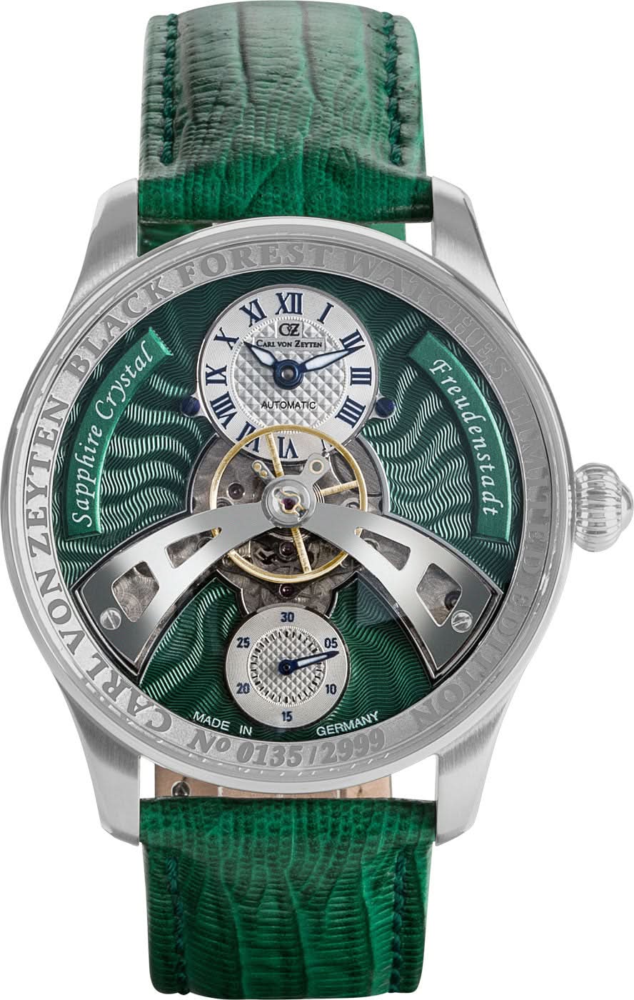 Pulsera de hombre con esfera abierta, correa de cuero verde y caja de acero inoxidable plateado