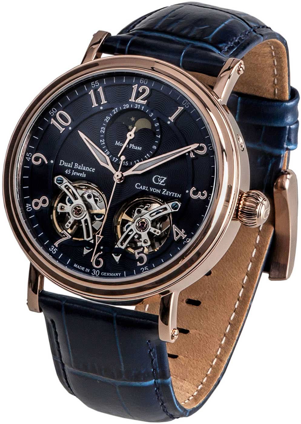 Pulsera de hombre con esfera azul oscuro, fase lunar, movimiento esqueleto y correa de cuero