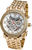 Reloj analógico dorado con bisel de pedrería, esfera blanca y números romanos