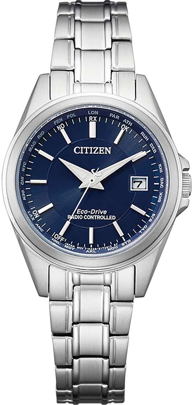 "Reloj de mujer con esfera azul y correa de acero inoxidable plateado, indicador de fecha"
